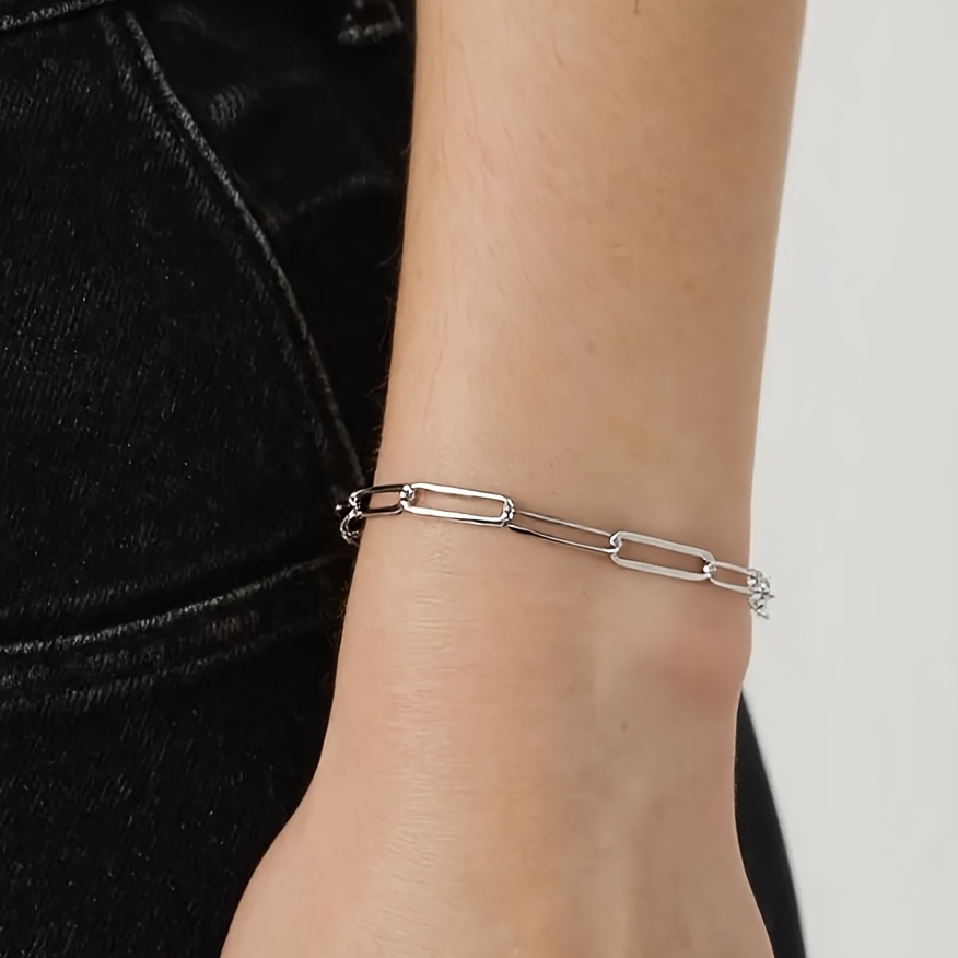 925 Silver Paper Clip Bracelet Adjustable Stackable Minimalist Jewelry